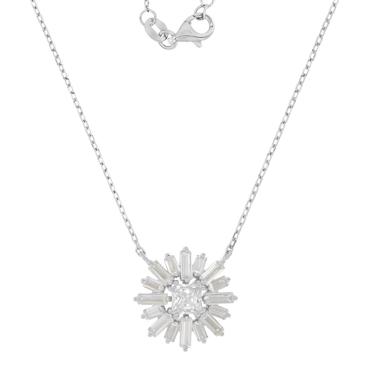 Sterling Silver Rhodium 14x14mm Baguette & Princess Cut White CZ Sunshine 18+2" Necklace