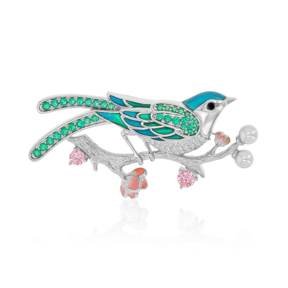 Brass White 24x50.5mm  Fresh Water Pearl & Mixed Color CZ 'Bird On a Sakura Branch' Pin Brooch With Safety Lock