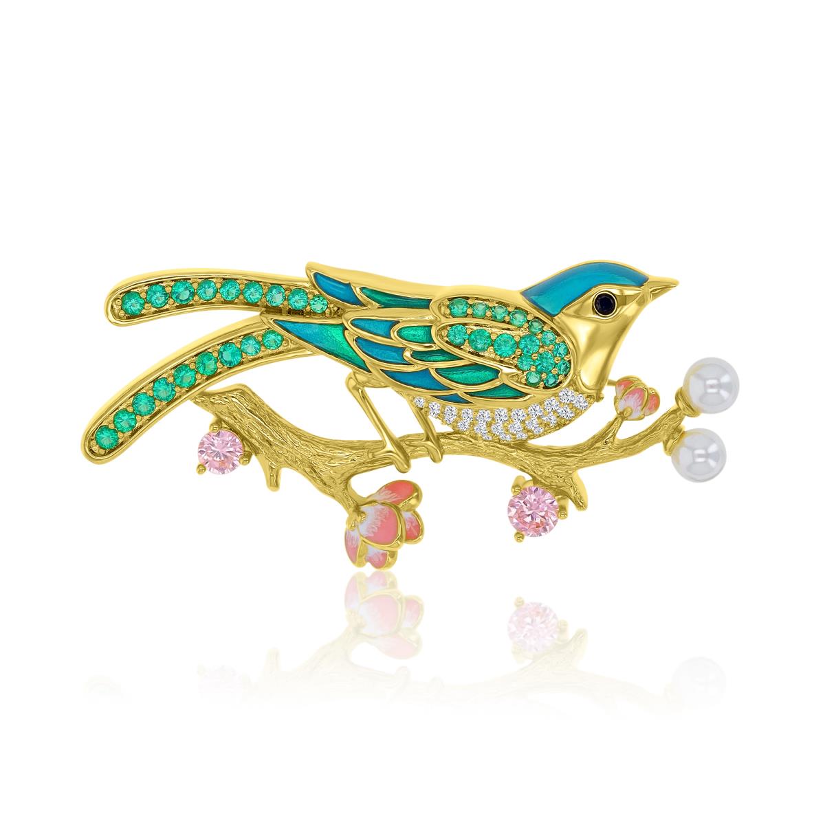 Brass Yellow 24x50.5mm Fresh Water Pearl & Mixed Color CZ 'Bird On a Sakura Branch' Pin Brooch With Safety Lock