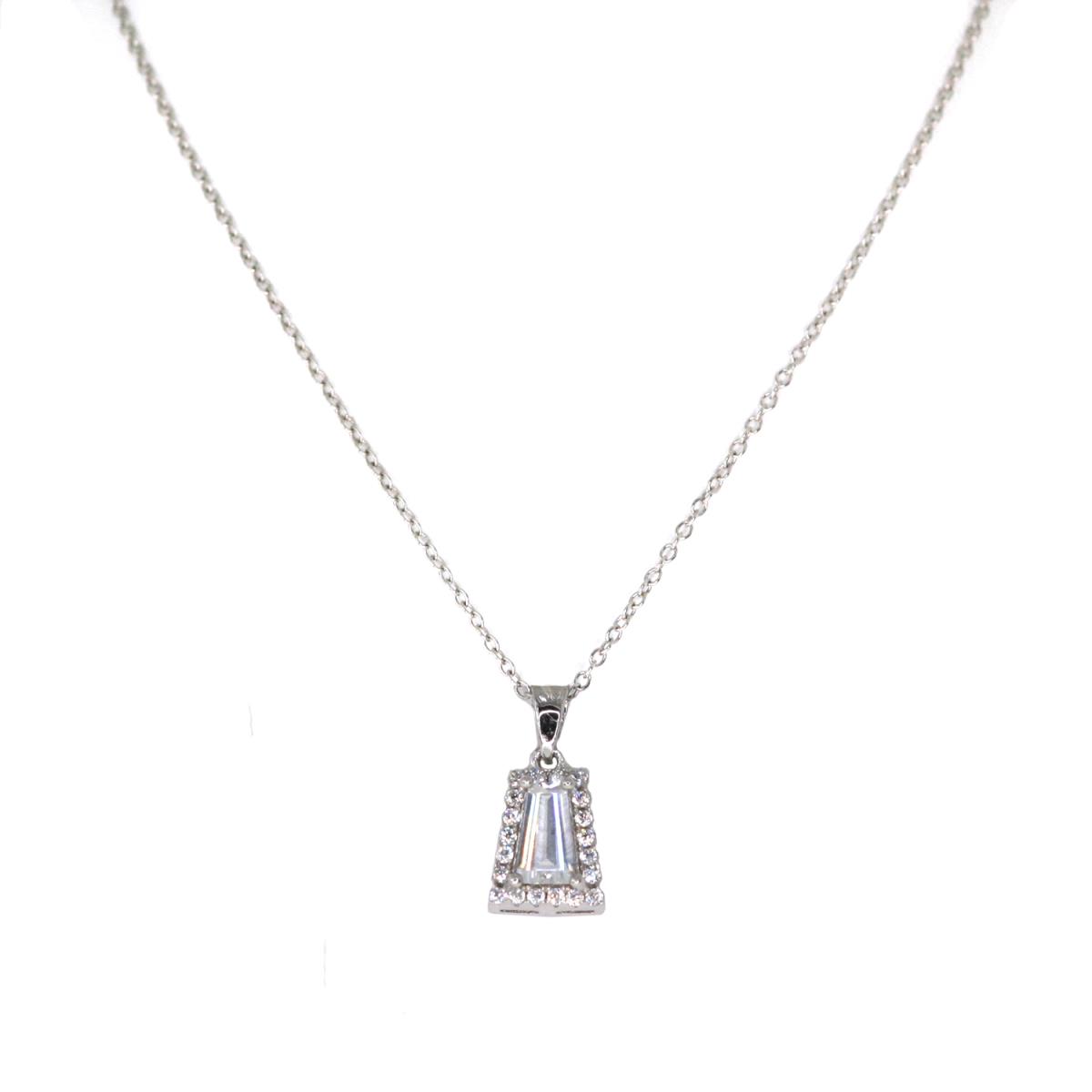 Sterling Silver Rhodium Pave Trapped Baguette Halo Pendant