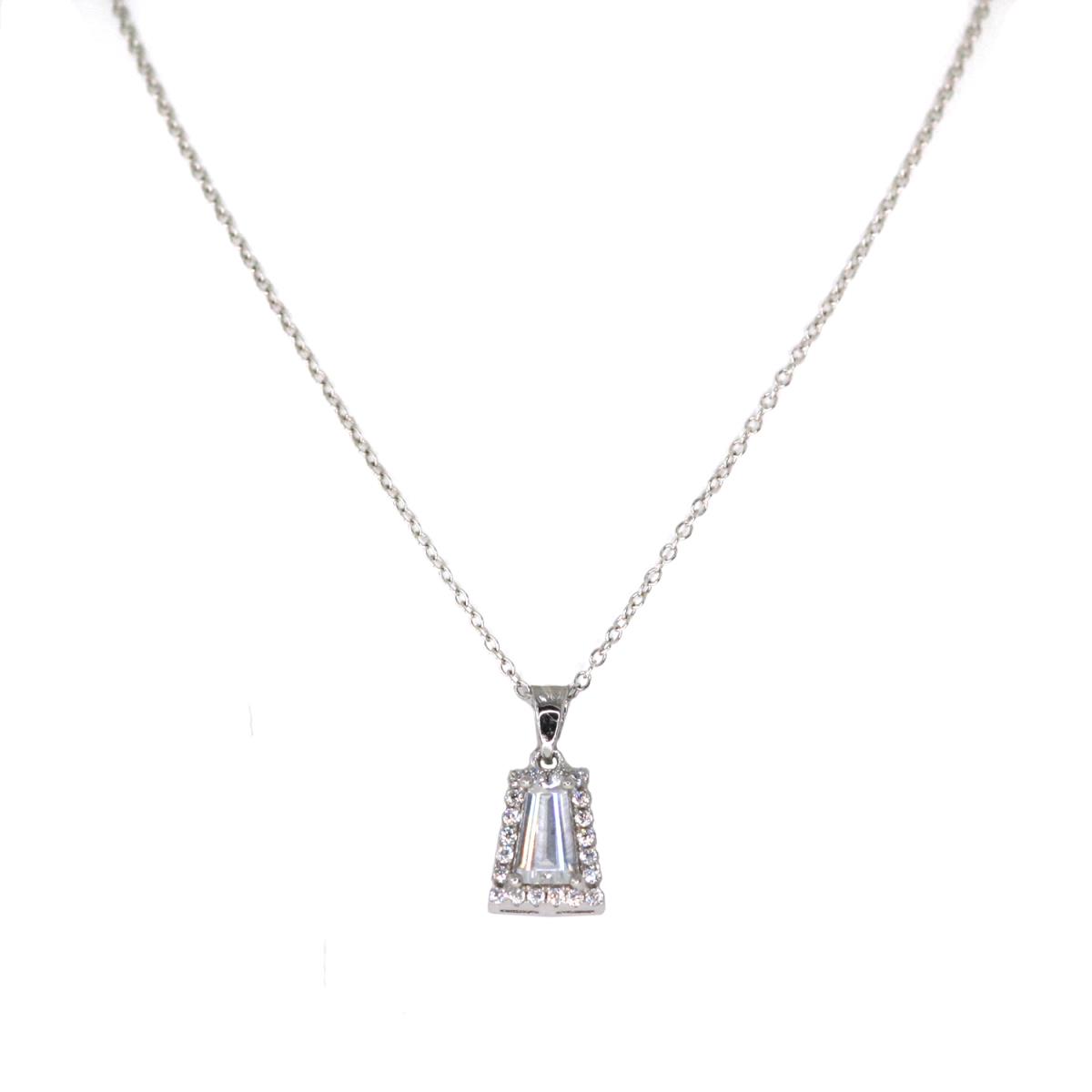 Sterling Silver Rhodium Pave Trapped Baguette Halo Pendant