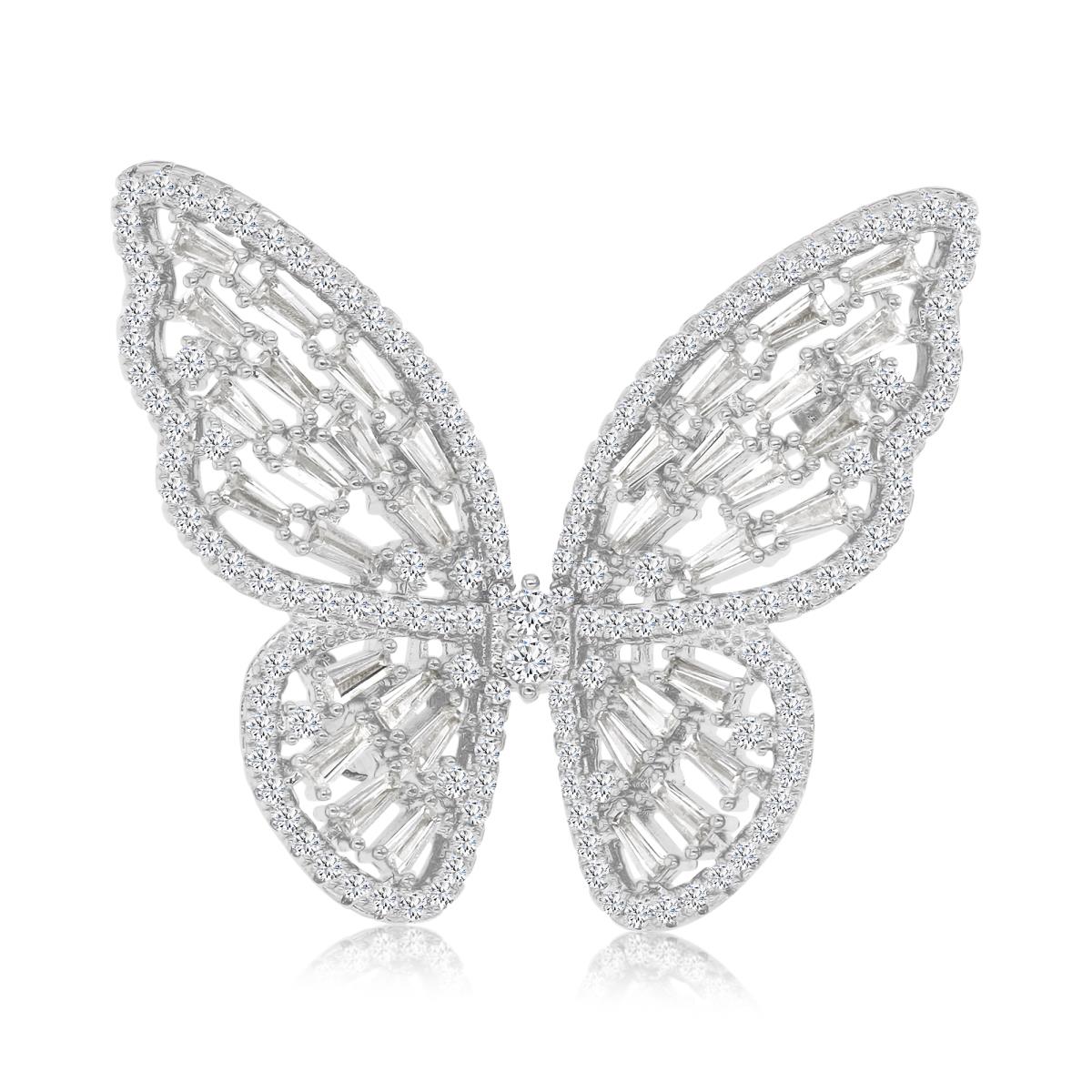 Brass White 30x34.5mm Baguette & Round White CZ Butterfly Pin Brooch With Safety Lock