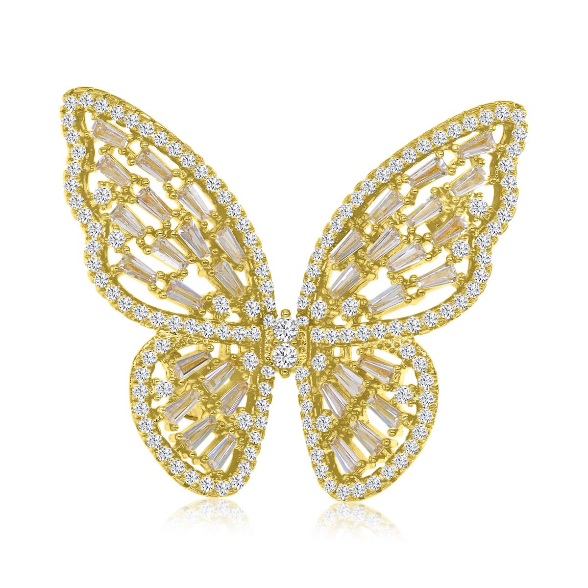 Brass Yellow 30x34.5mm Baguette & Round White CZ Butterfly Pin Brooch With Safety Lock