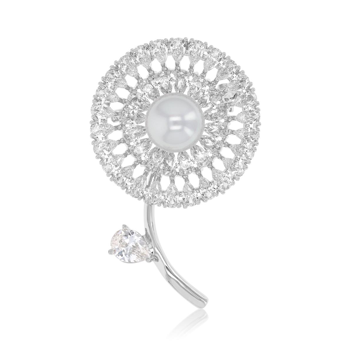 Brass White 32x46mm Pear Shaped White CZ & White Pearl Dandelion Pin Brooch With Safety Lock