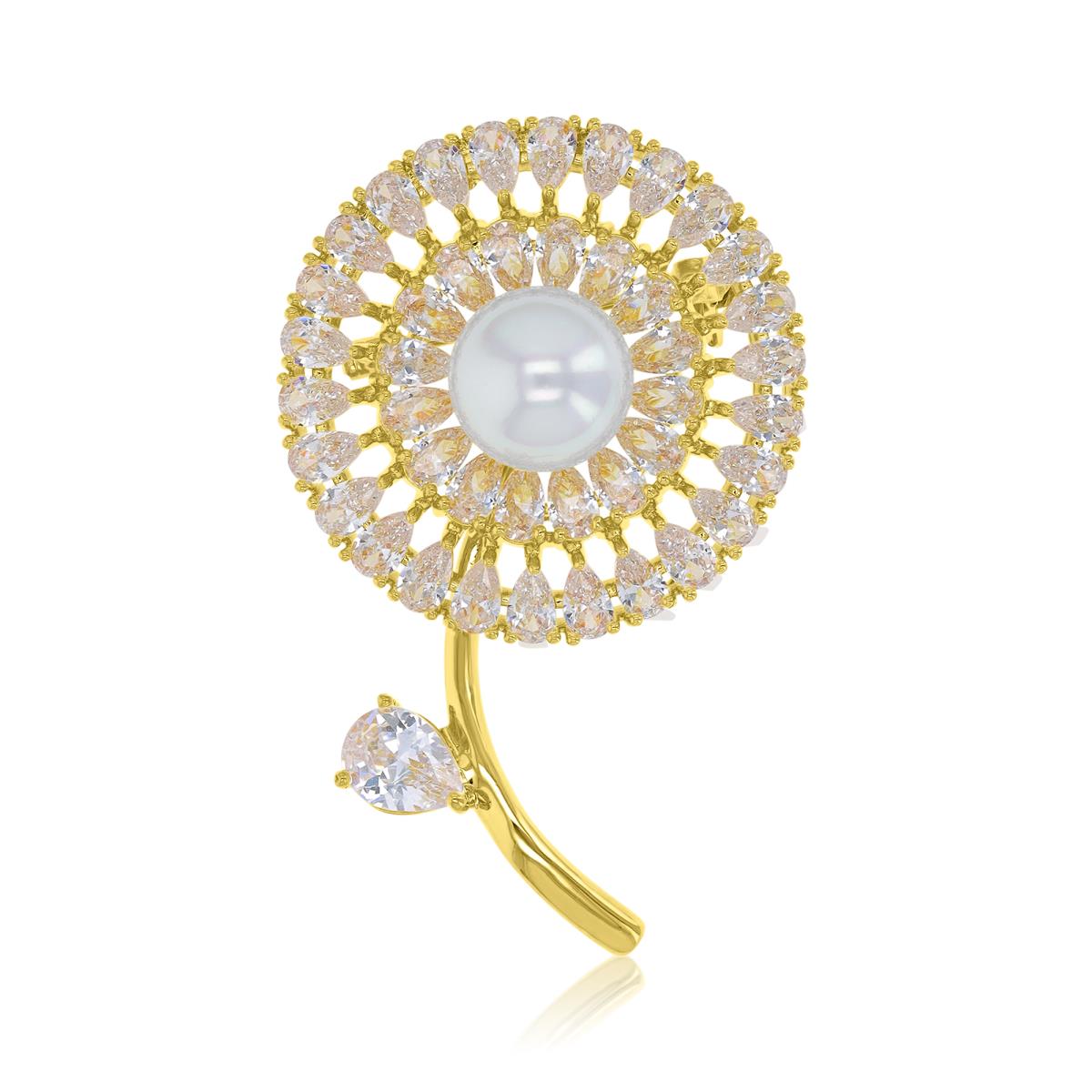 Brass Yellow 32x46mm Pear Shaped White CZ & White Pearl Dandelion Pin Brooch With Safety Lock