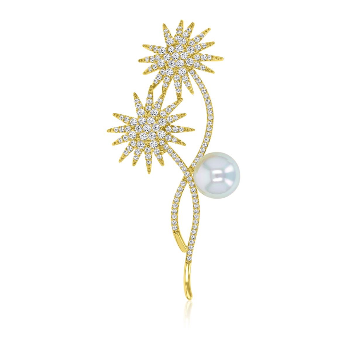 Brass Yellow 27.5x61mm White CZ & White Pearl Two Stars Pin Brooch With Safety Lock