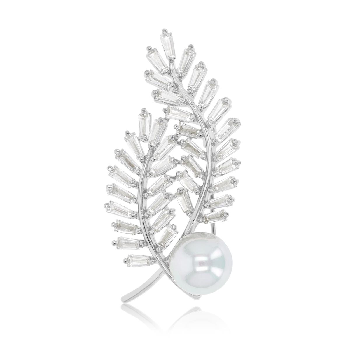 Brass Rhodium 22x45mm Baguette White CZ & White Pearl Palm Tree Branches Pin Brooch With Safety Lock