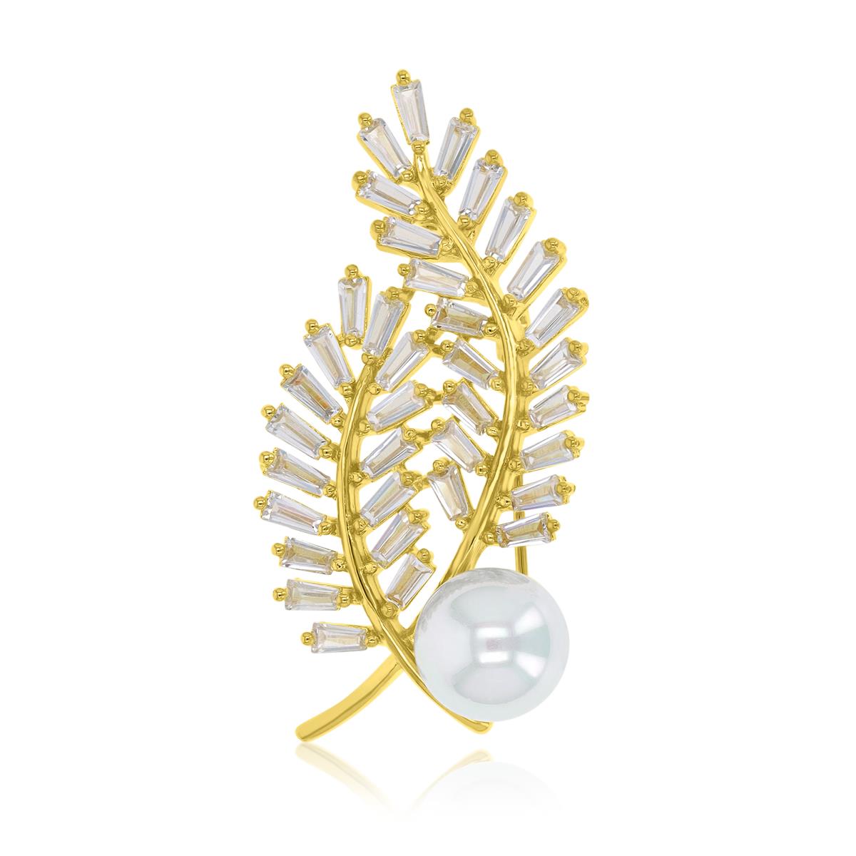 Brass Yellow 22x45mm Baguette White CZ & White Pearl Palm Tree Branches Pin Brooch With Safety Lock