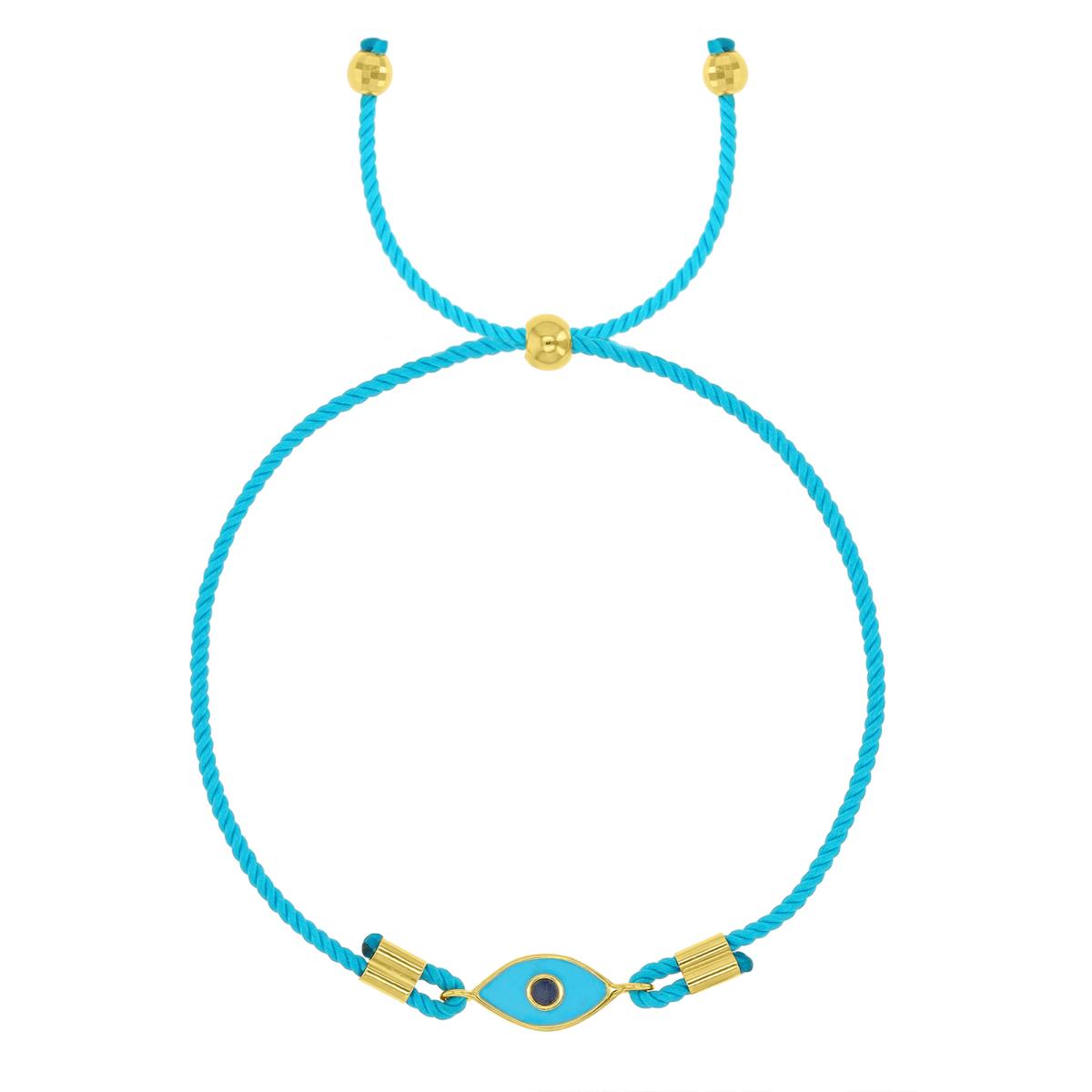 14K Yellow Gold Braided Turquoise Adjustable Evil Eye Enamel 9.25" Bracelet