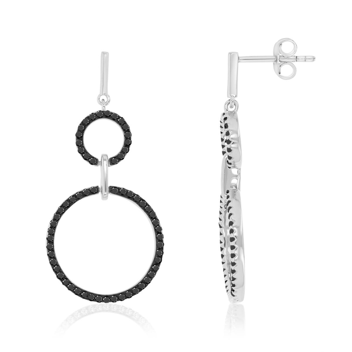 Sterling Silver Black & White 8.7x18.5x39mm White CZ Two Circle Dangling Earrings