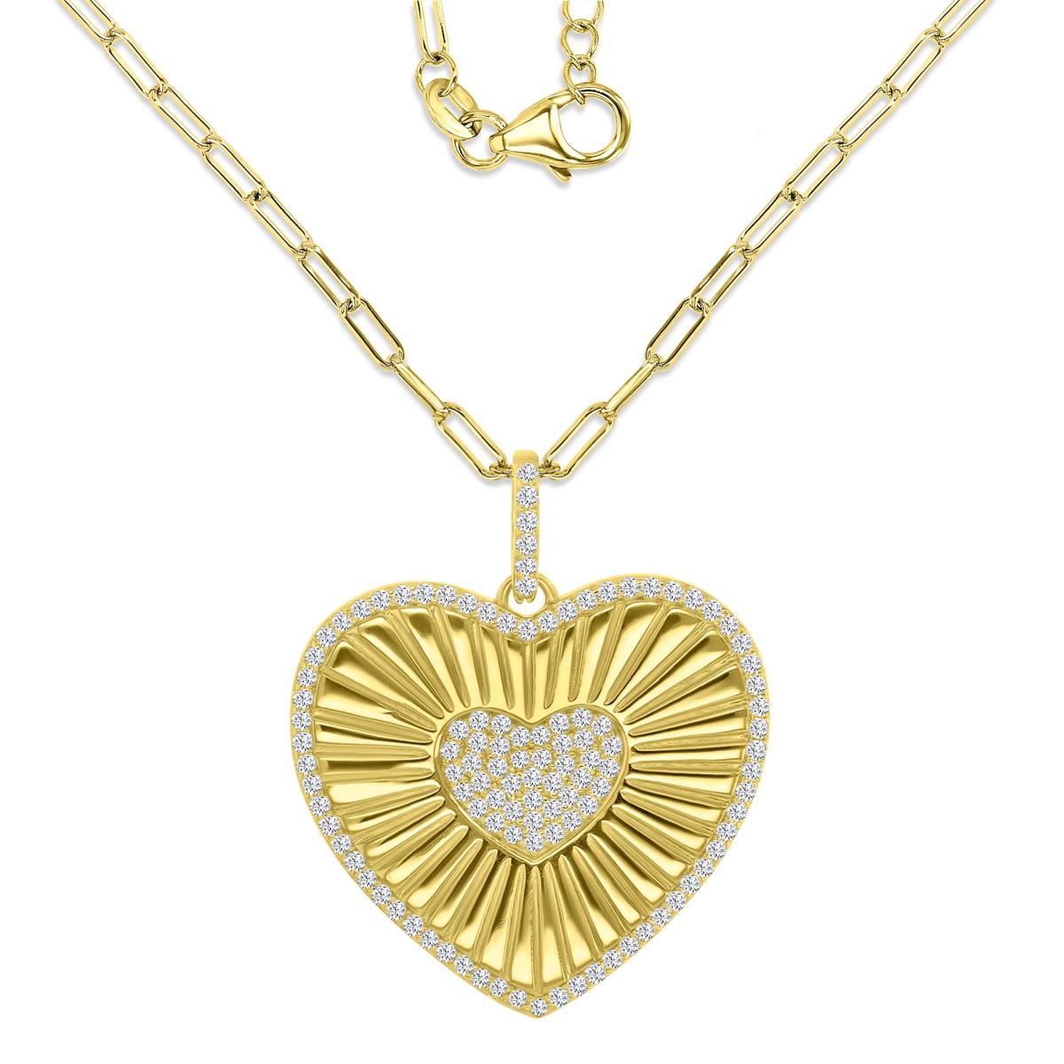 Brass Yellow 26x31mm White CZ Fluted Heart Paperclip Chain 18+2" Necklace