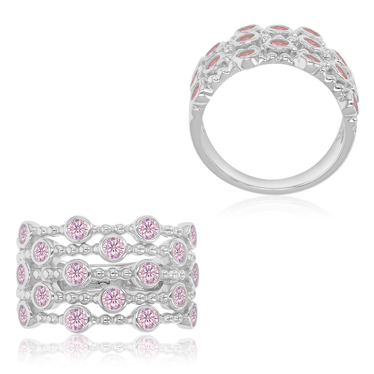 Sterling Silver Rhodium 13.5mm Pink CZ 5-Row Fashion Ring