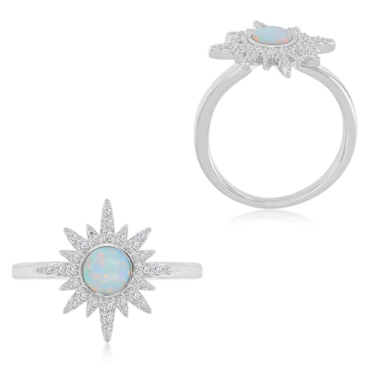 Sterling Silver Rhodium 15.8x16mm White Opal & White CZ Starburst Fashion Ring