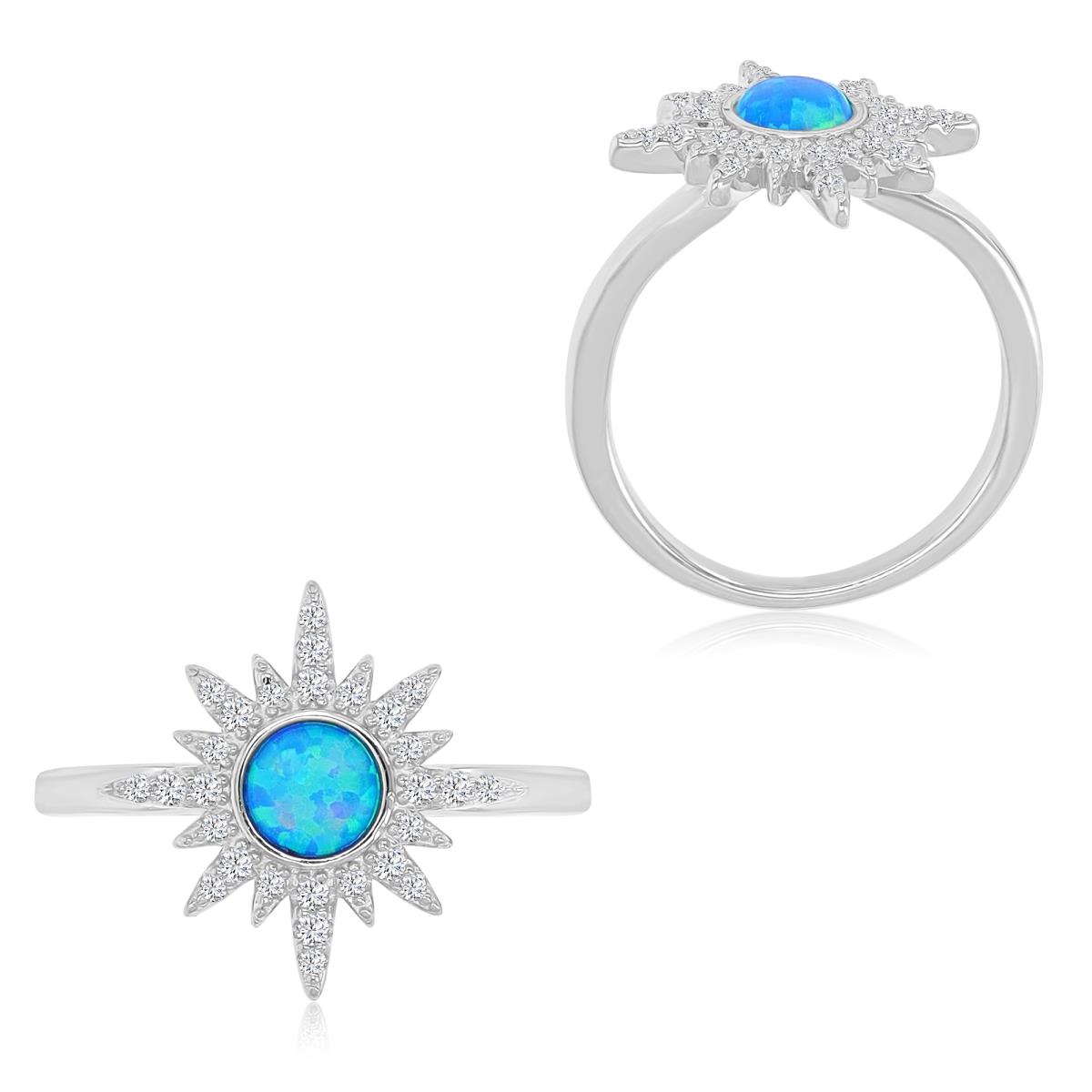 Sterling Silver Rhodium 15.8x16mm Blue Opal & White CZ Starburst Fashion Ring