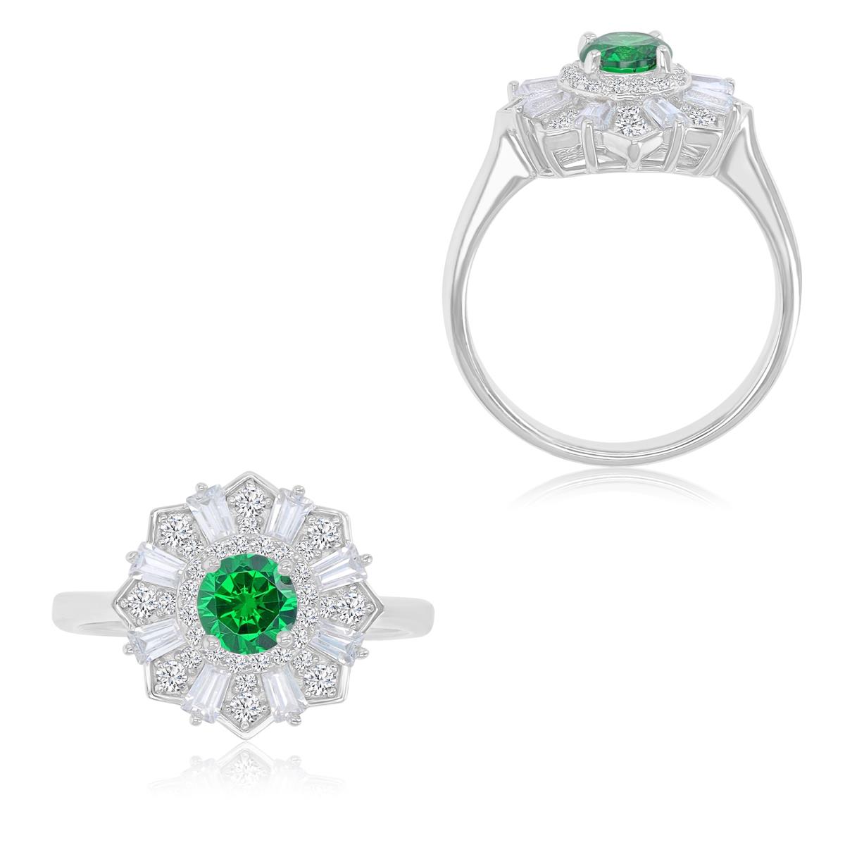 Sterling Silver Rhodium 14x15mm Green & White CZ Sunburst Fashion Ring