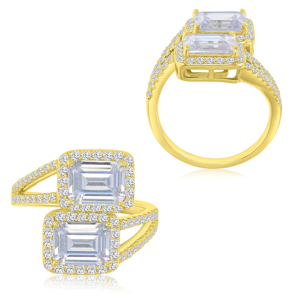 Sterling Silver Yellow 1M 12.5x17.5mm Emerald Cut White CZ Two Rows Ring