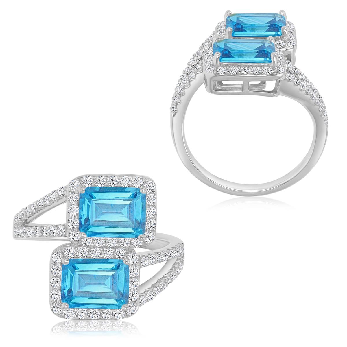 Brass White 12.5x17.5mm Emerald Cut Aqua Blue Stone & White CZ Two Rows Ring