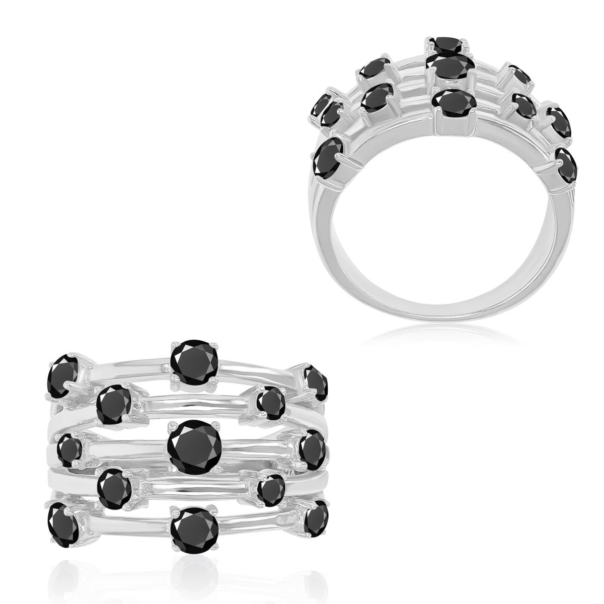 Sterling Silver Rhodium 15.7mm Black Spinel 5 Rows Fashion Ring