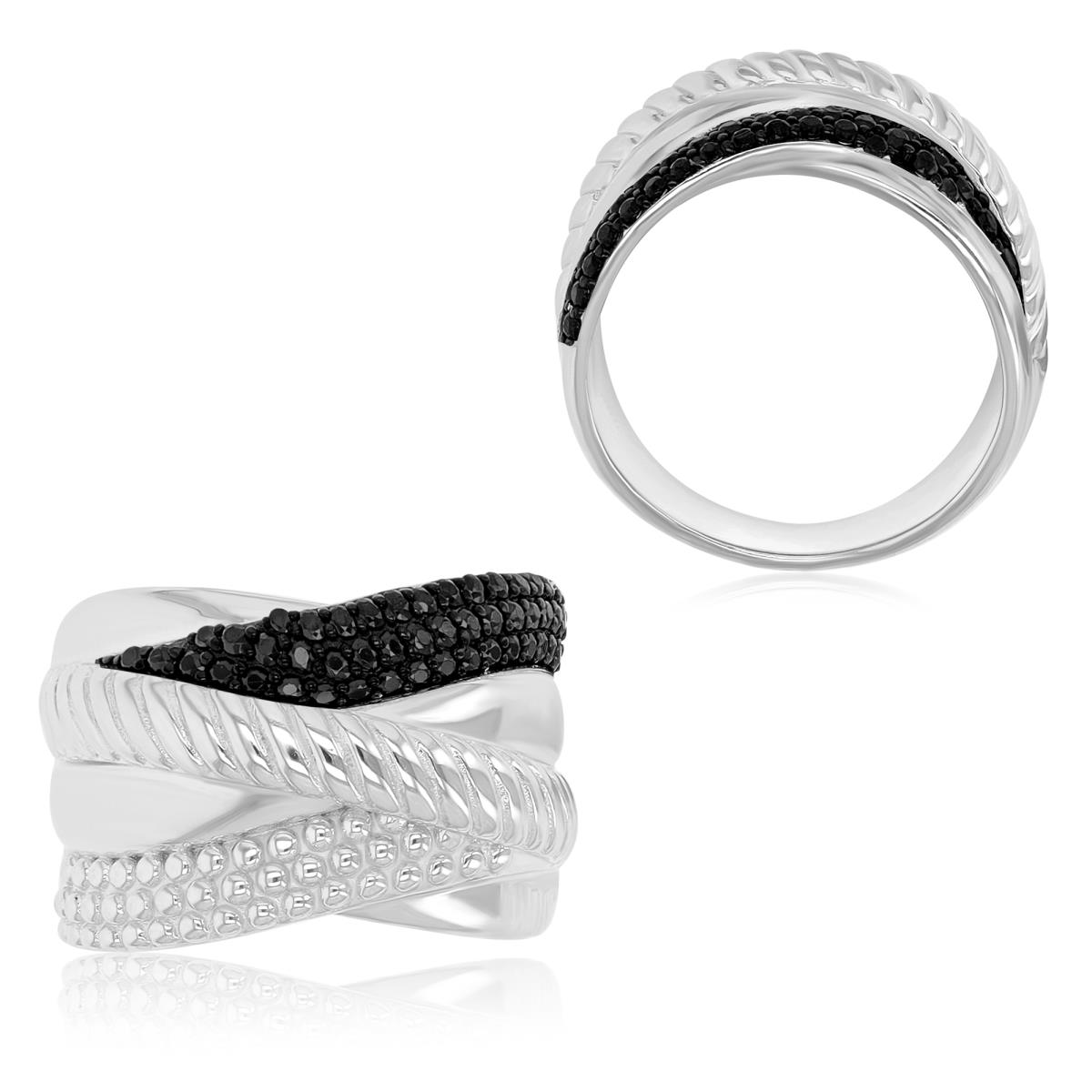 Sterling Silver Black & White 14.5mm Black Spinel Six Intertwined Rows Fashion Ring