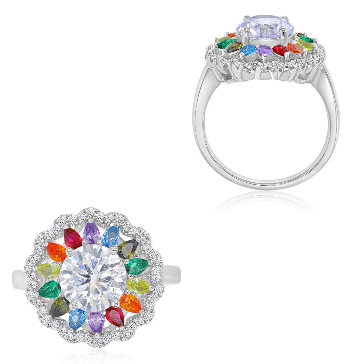 Sterling Silver Rhodium 17mm Multicolor CZ Large Flower Ring