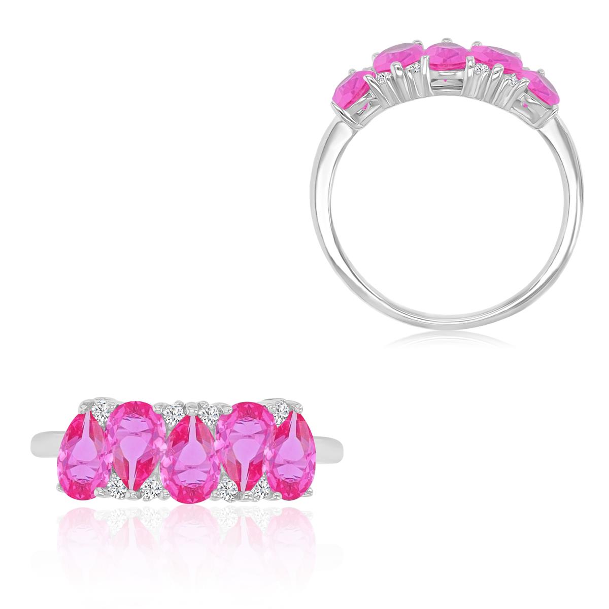 Sterling Silver Rhodium 7x17.5mm Pear Shaped Created Pink & White Sapphire 5 Stone 070 Ring