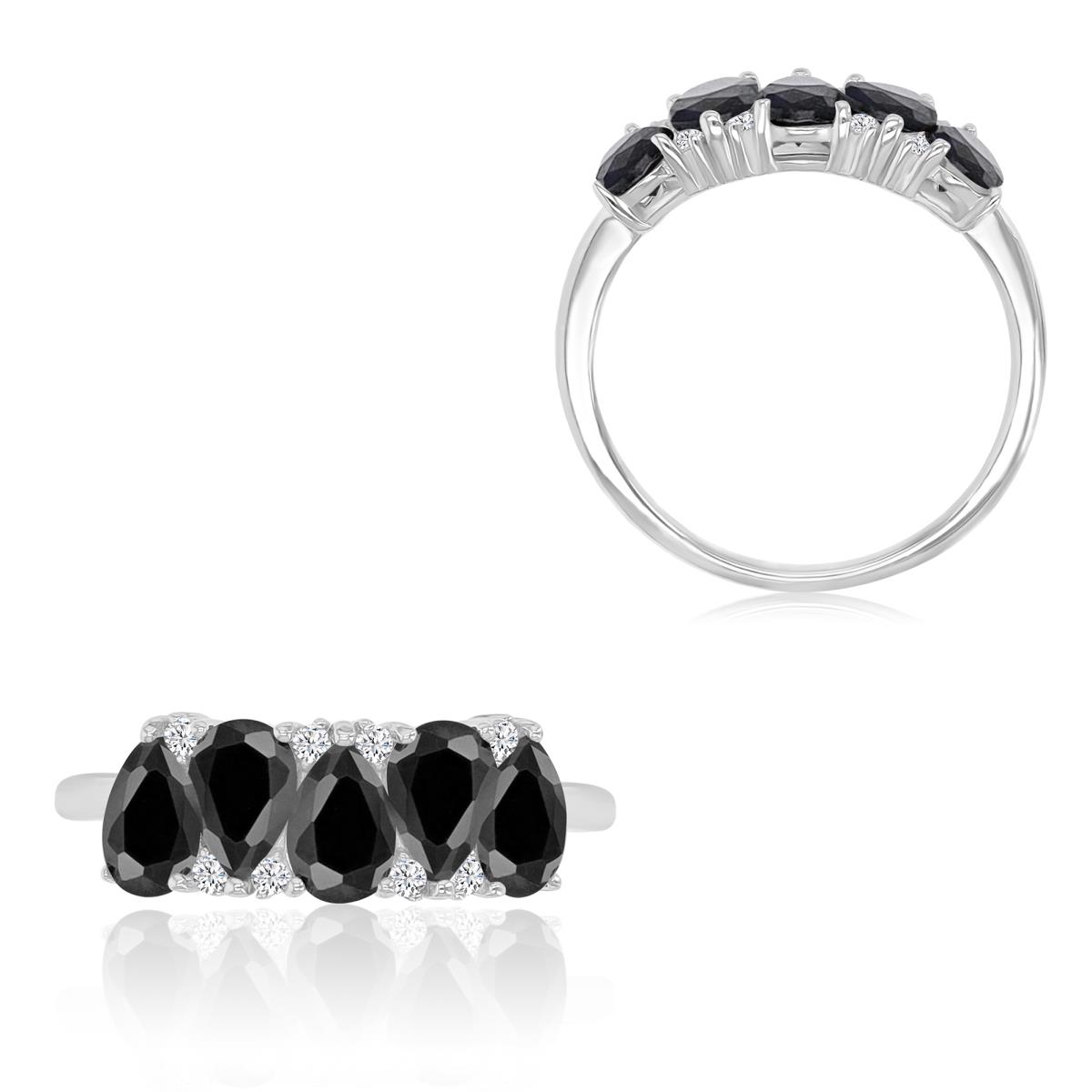 Sterling Silver Rhodium 7x17.5mm Pear Shaped Black Spinel & Created White Sapphire 5 Stone Ring