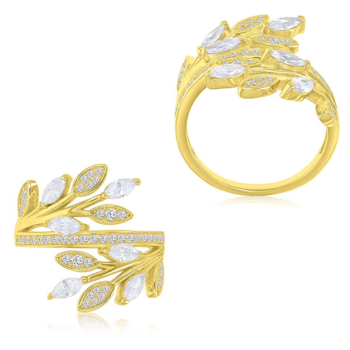 Sterling Silver Yellow 20mm White CZ Leaf Crossover Ring