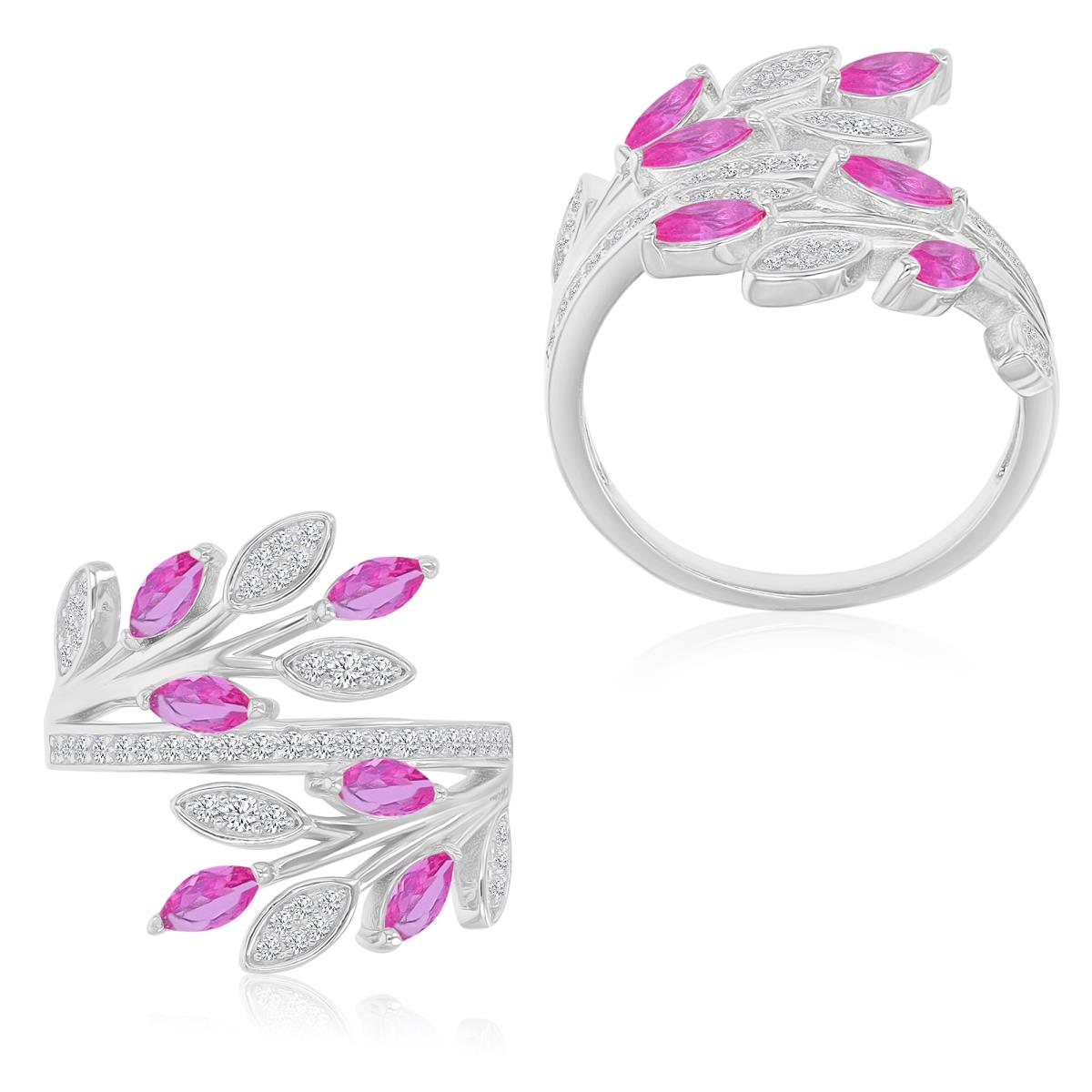 Sterling Silver Rhodium 20mm Created Pink & White Sapphire Leaf Crossover Ring