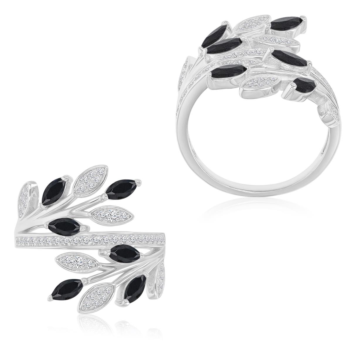 Sterling Silver Rhodium 20mm Black Spinel & Created White Sapphire Leaf Crossover Ring