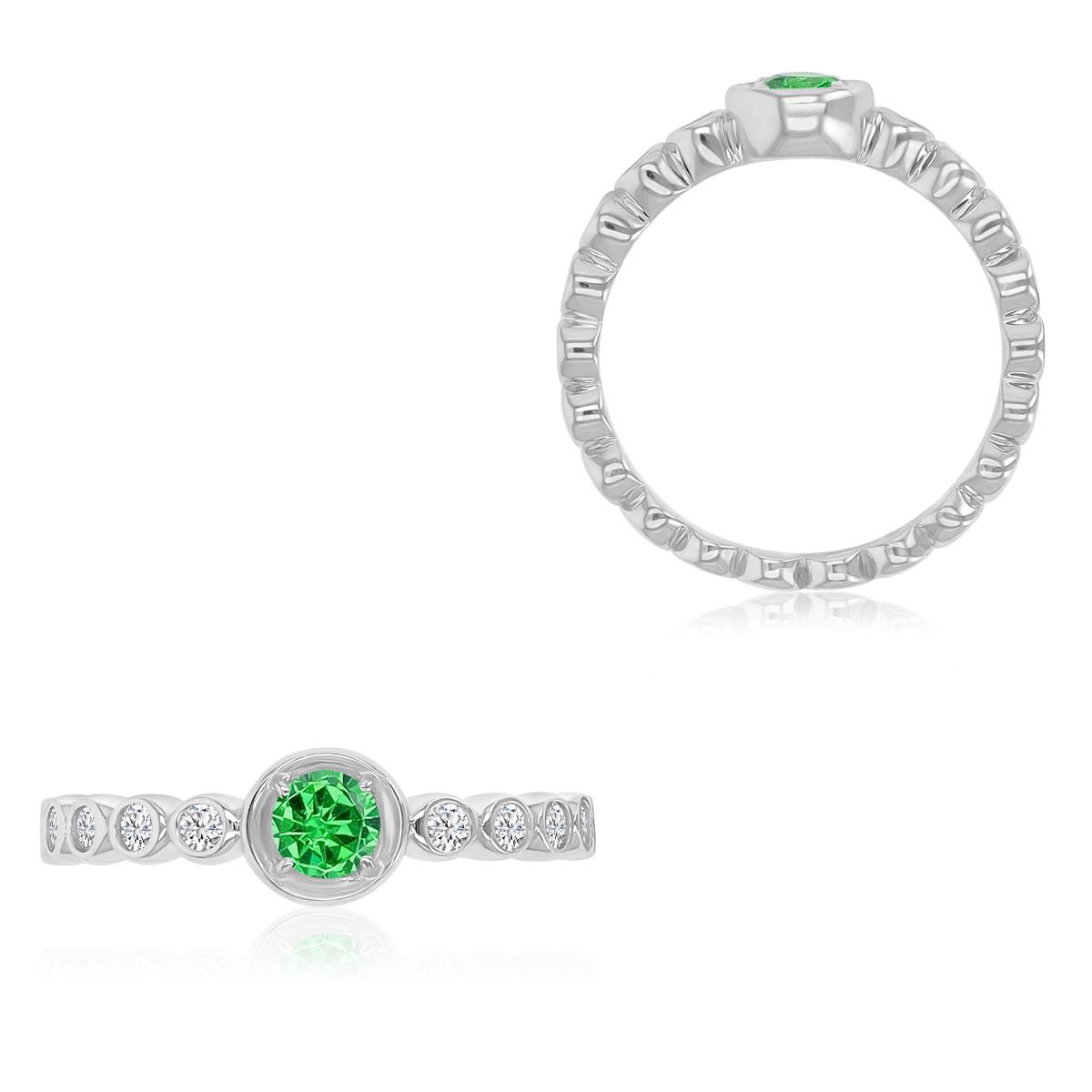 Sterling Silver Rhodium 6mm Green & White CZ Beaded Fashion Ring