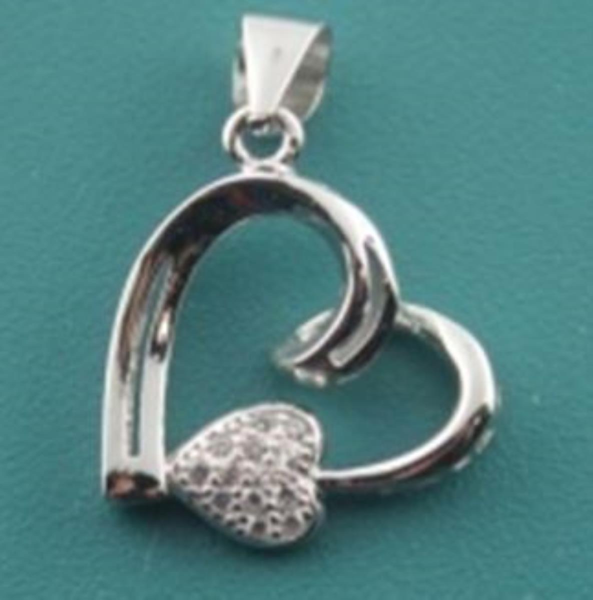 Sterling Silver Rhodium Pave Double Heart Dangling Pendant