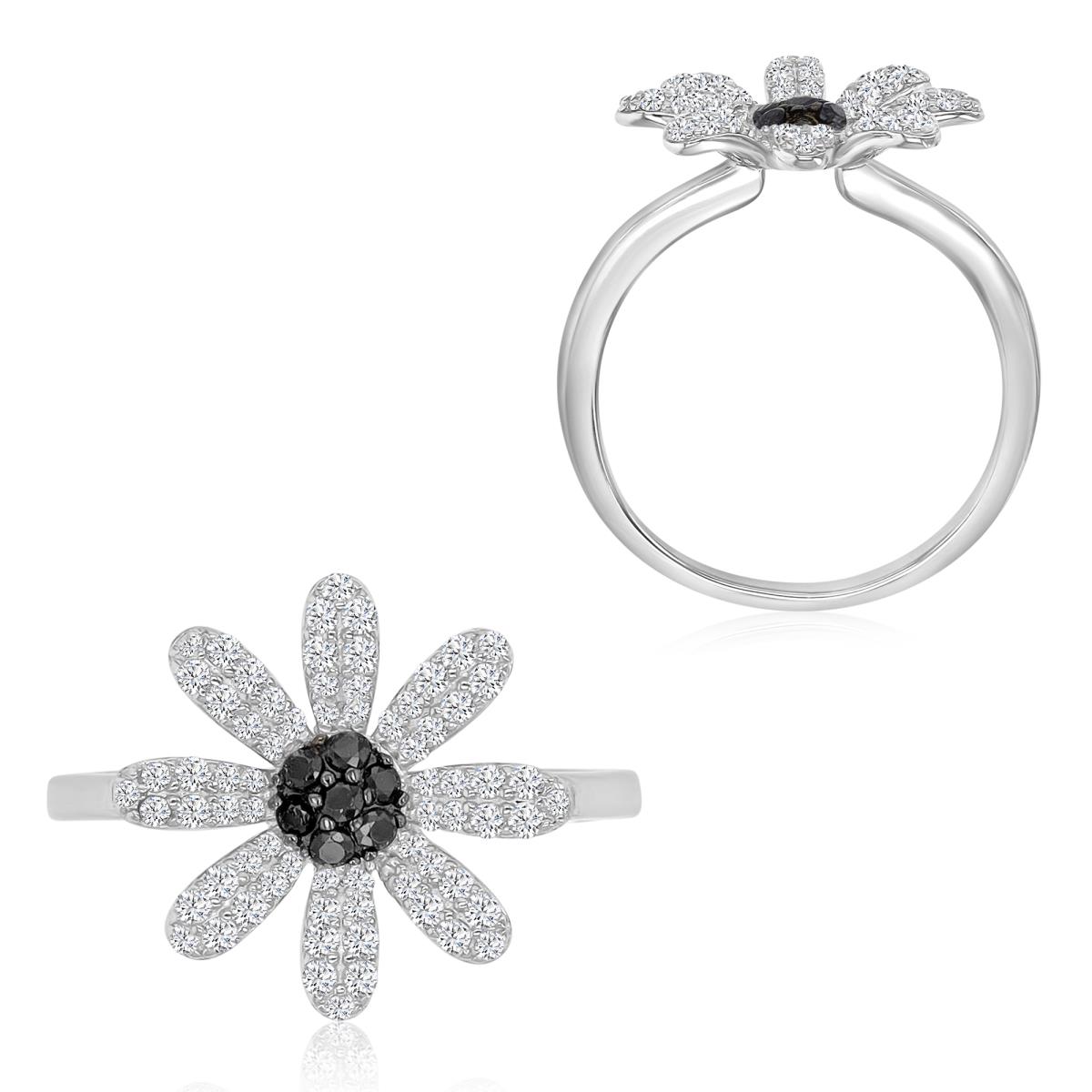 Sterling Silver Black & White 15x16mm Black Spinel & Created White Sapphire Flower Pave Fashion Ring