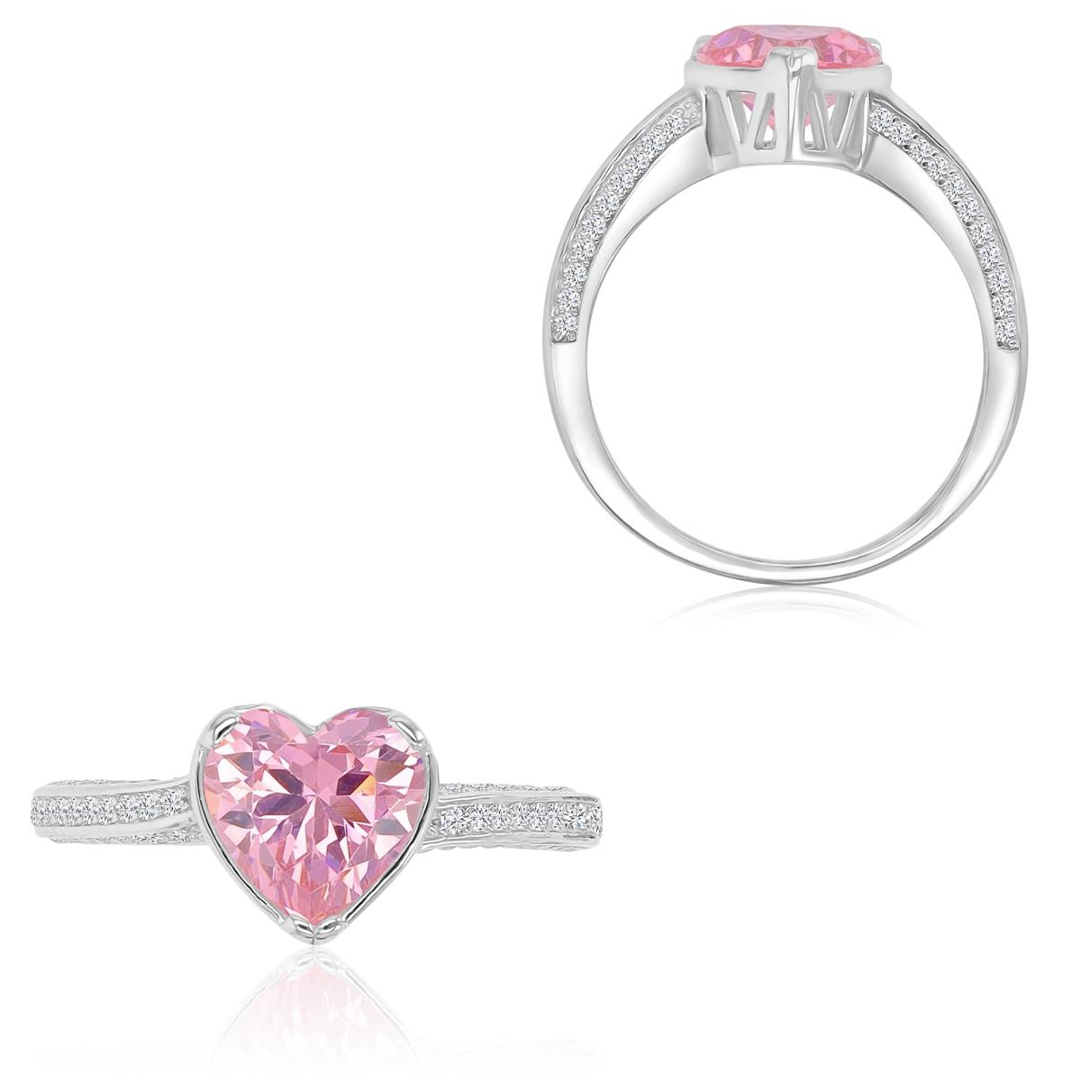 Sterling Silver Rhodium 8.5x9mm Heart Shaped Pink & White CZ Fashion Ring