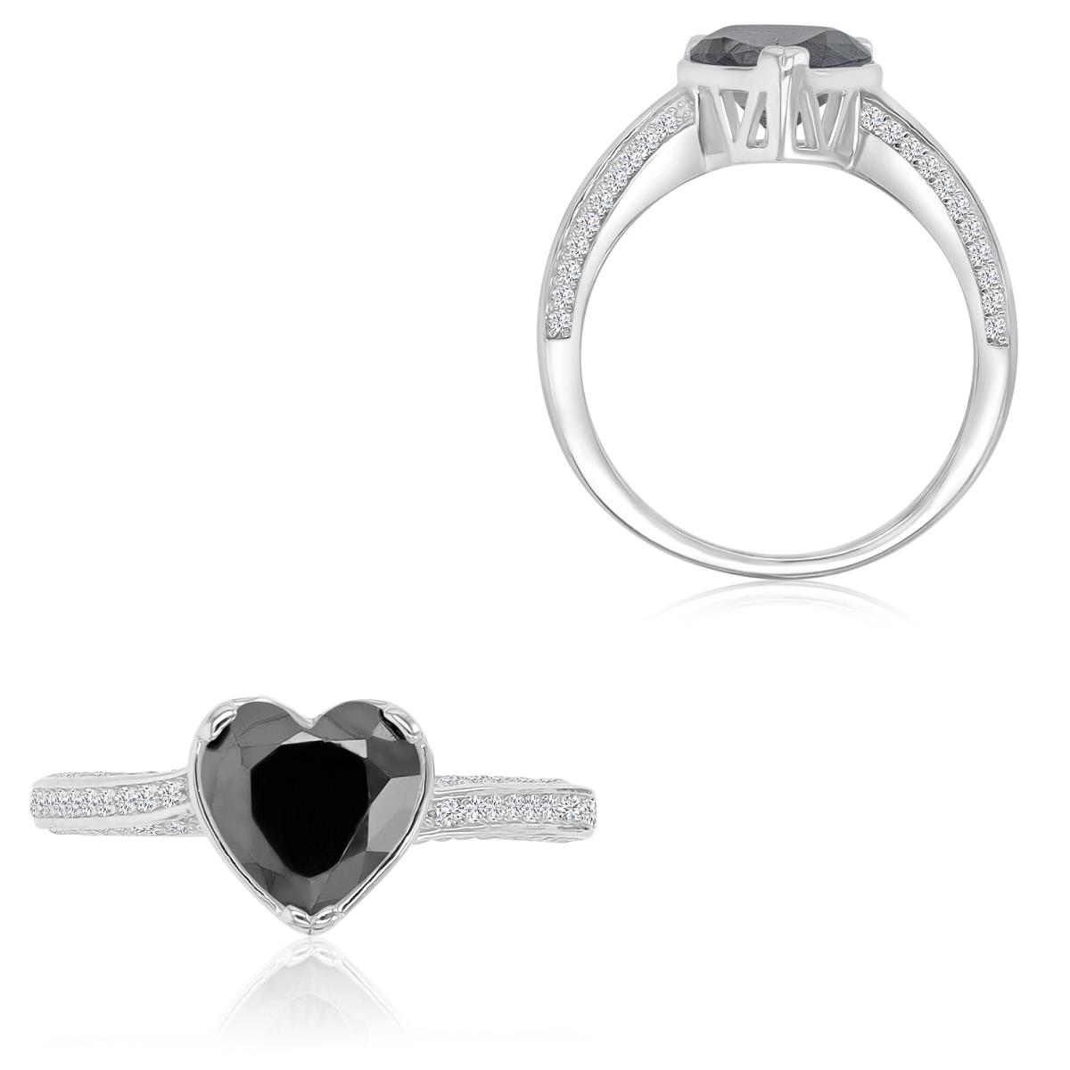 Sterling Silver Rhodium 8.5x9mm Heart Shaped Black & White CZ Fashion Ring