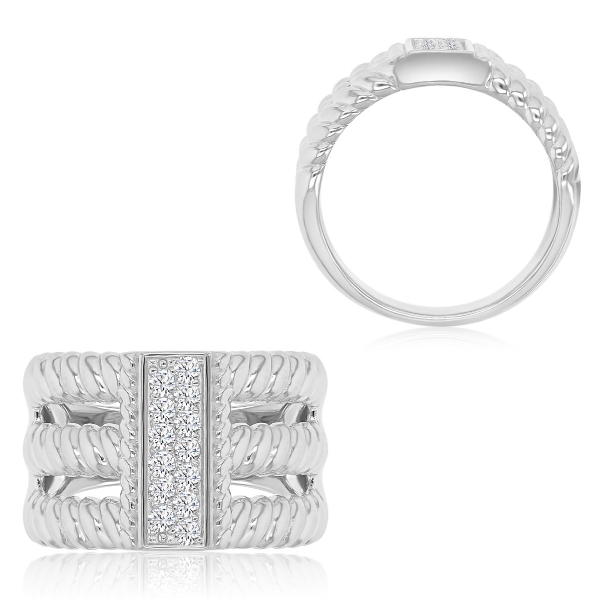 Sterling Silver Rhodium 14mm White CZ Twisted 3 Rows Ring