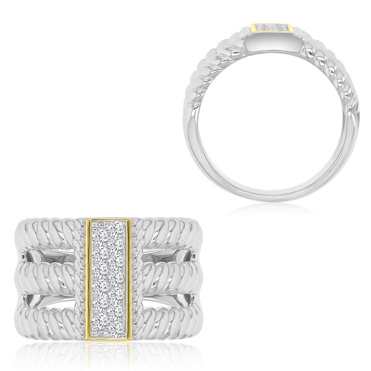 Sterling Silver Yellow & White 1M 14mm White CZ Twisted 3 Rows Ring