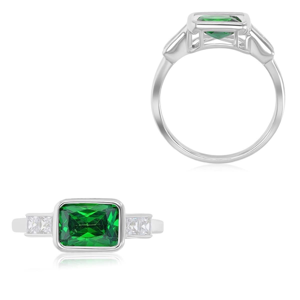 Sterling Silver Rhodium 7x10mm Emerald Cut Green & White CZ Bezel 5 Stone Ring