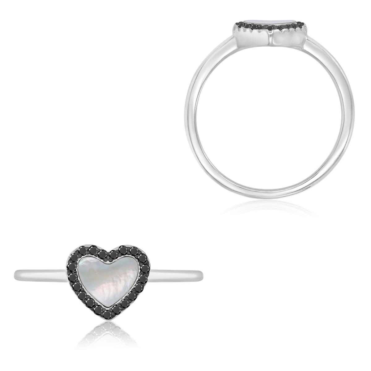 Sterling Silver Rhodium 8x9mm Black Spinel & White MOP Heart Fashion Ring