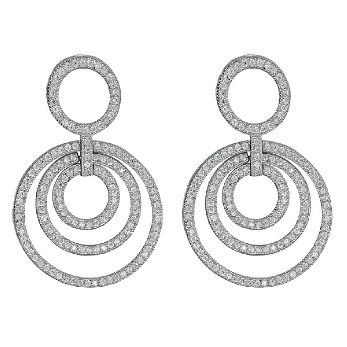 Sterling Silver Rhodium Pave Multi Circle Dangling Earring