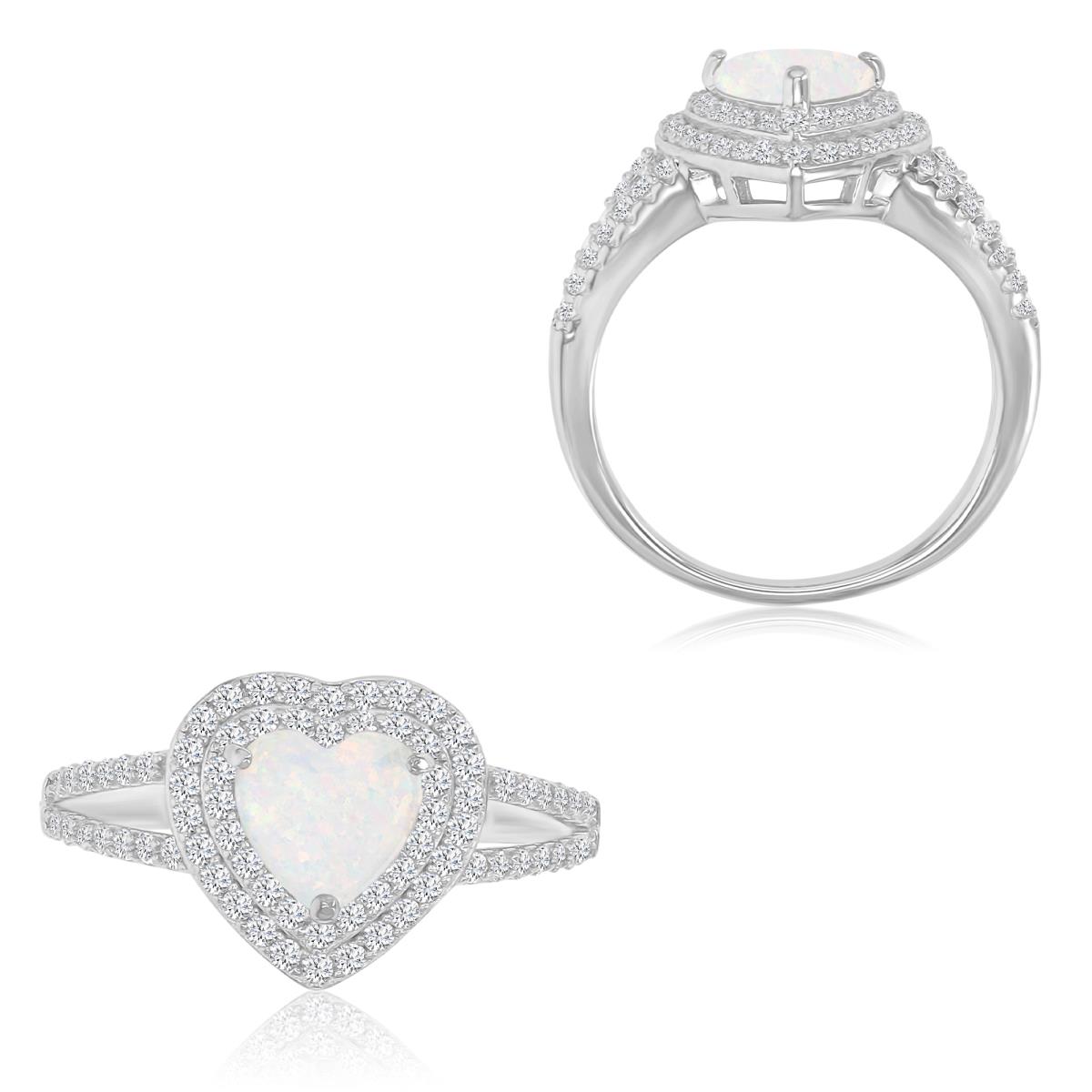 Sterling Silver Rhodium 12x12mm Created White Sapphire & White Opal Heart Fashion Ring