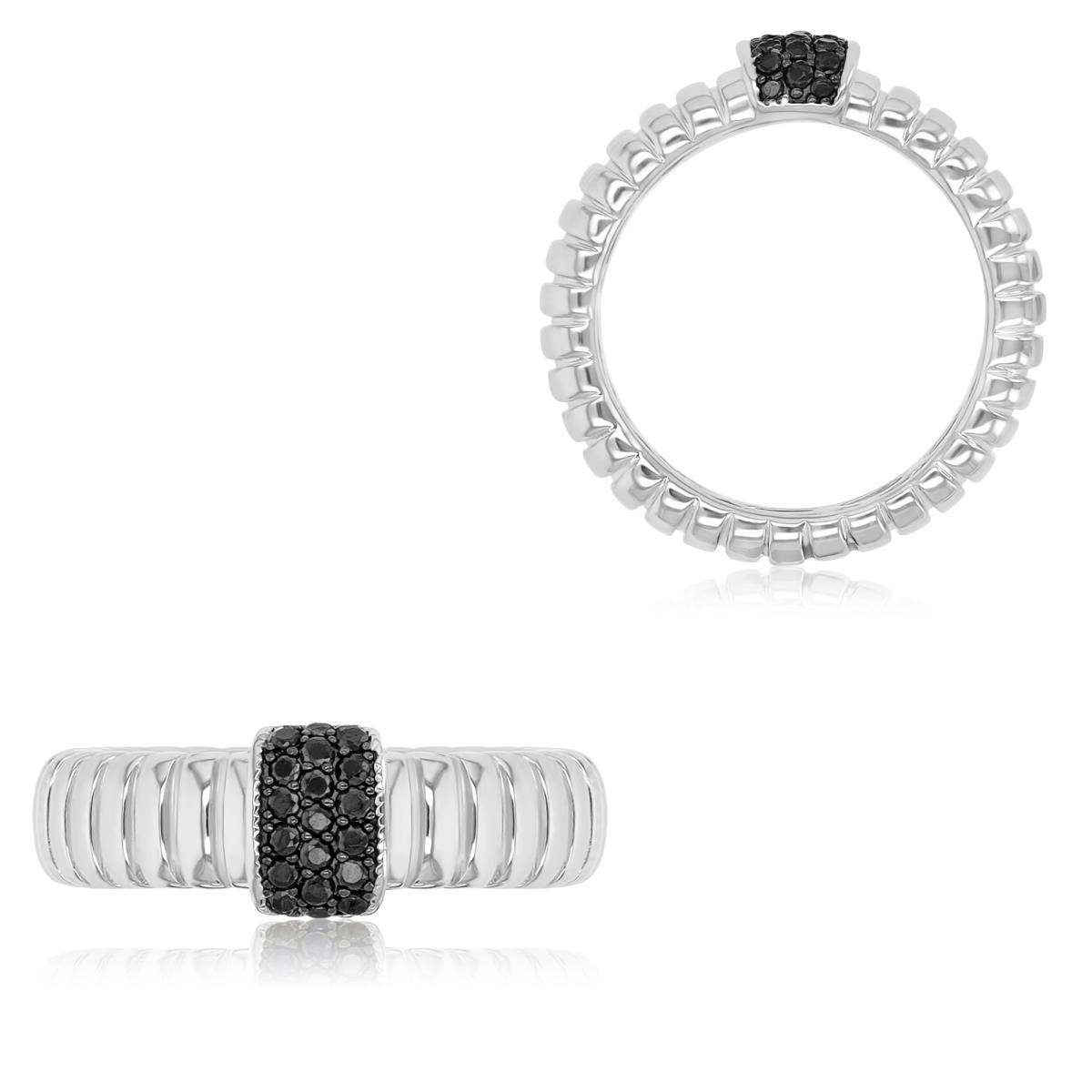 Sterling Silver Black & White 6x8mm Black Spinel Pave Ribbed Ring