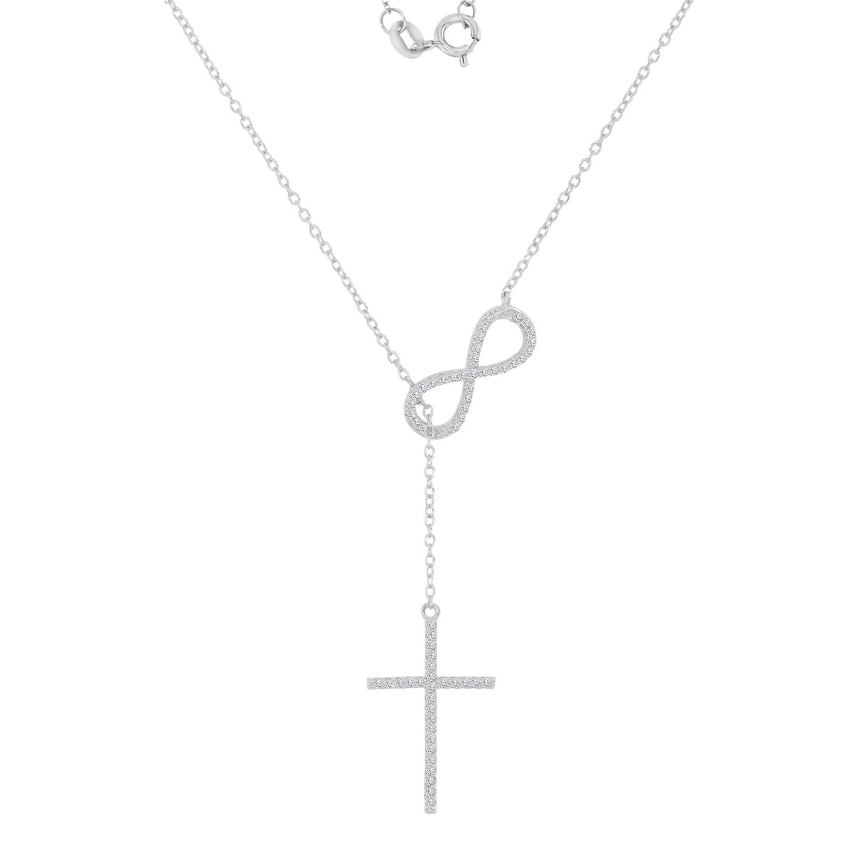 Sterling Silver Rhodium Rnd White CZ Infiniti & Cross Dangling 20" Necklace