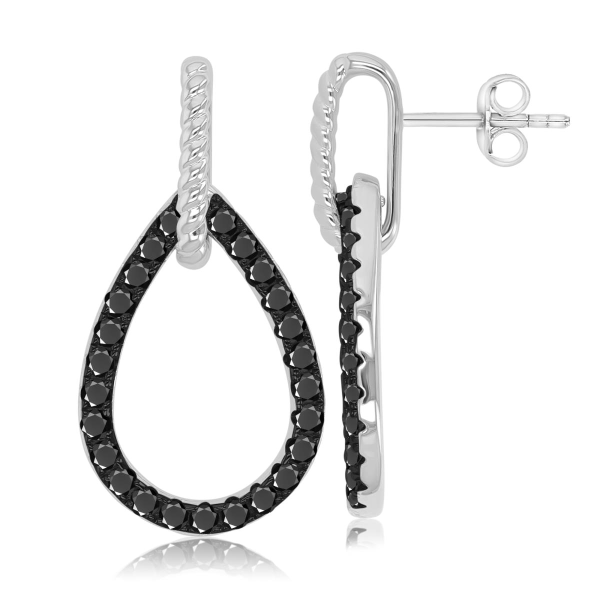 Sterling Silver Black & White 17x33mm Black Spinel Teardrop Dangling Earrings