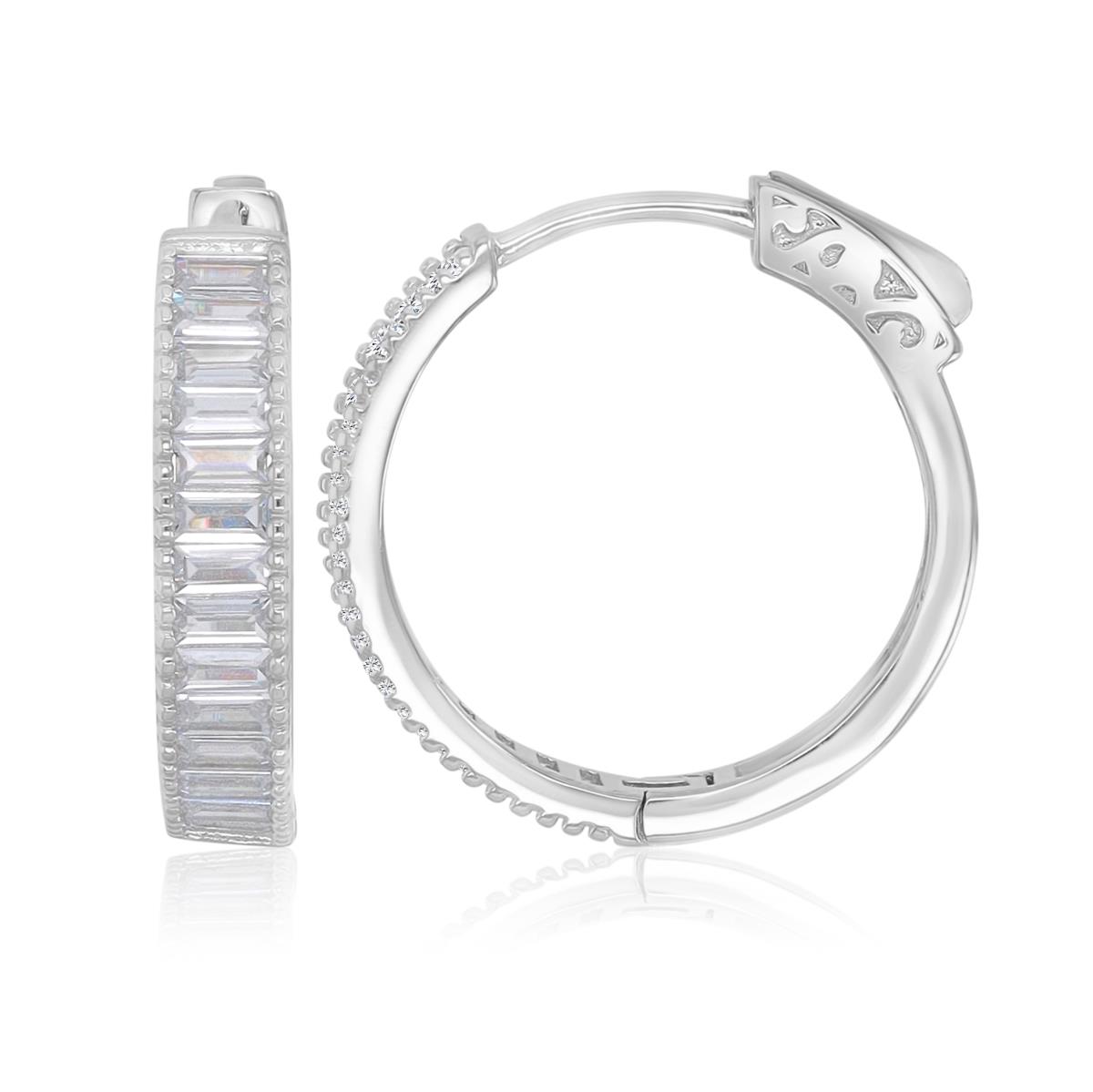Sterling Silver Rhodium 4x20.5 Baguette White CZ Hoop Earrings