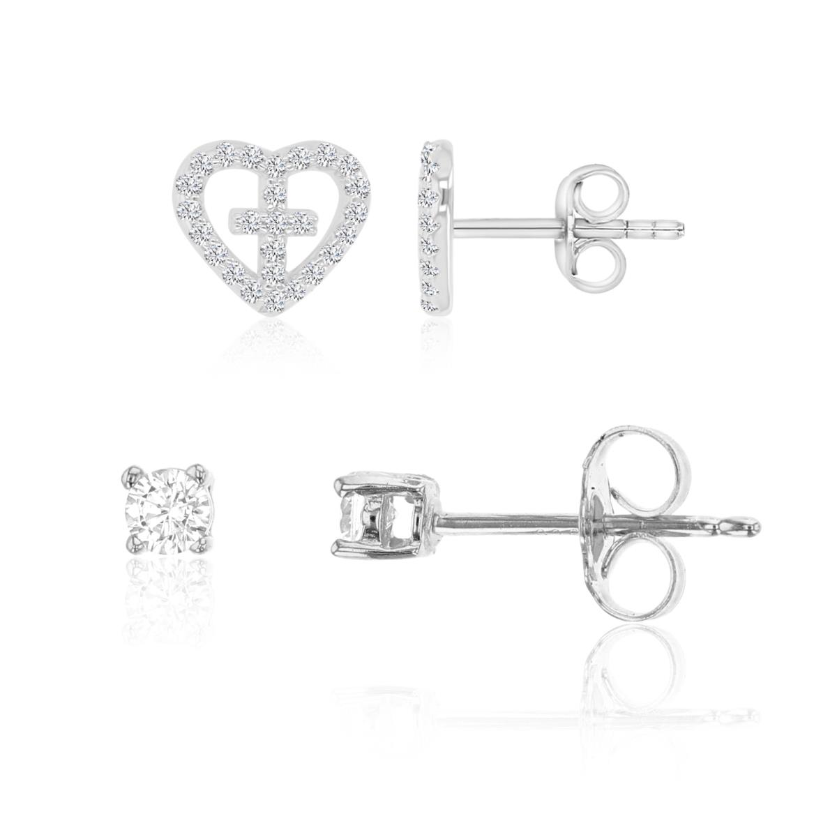 Sterling Silver Rhodium 9x8mm White CZ Heart & Cross Stud & 3.00mm AAA Round Solitaire Stud Earring Sets 