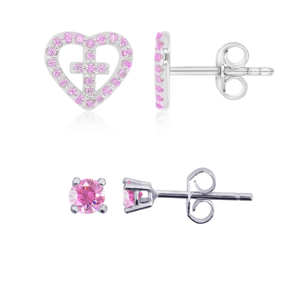 Sterling Silver Rhodium 9x8mm Pink CZ Heart & Cross Stud & 3.00mm AAA Pink Round Solitaire Stud Earring Sets 