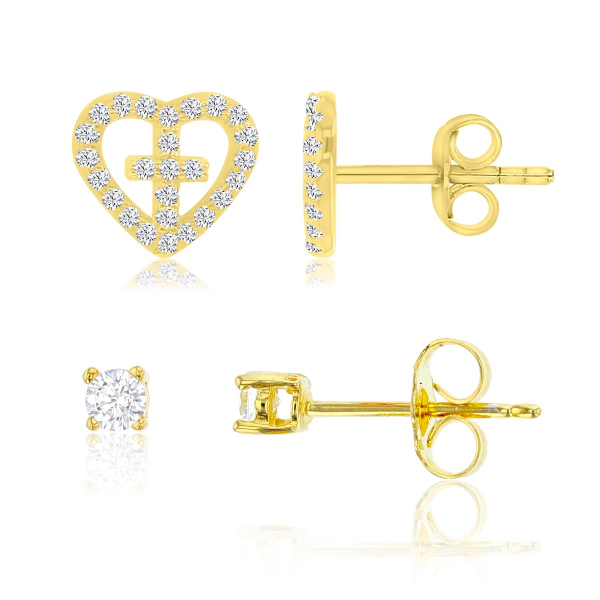 Sterling Silver Yellow 9x8mm White CZ Heart & Cross Stud & 3.00mm AAA Round Solitaire Stud Earring Sets 