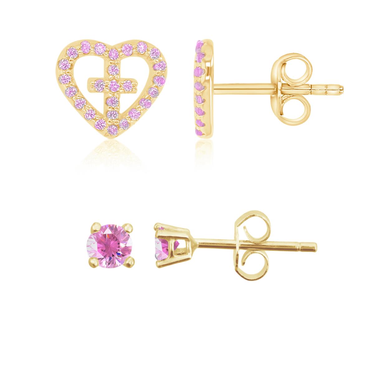 Sterling Silver Yellow 9x8mm Pink CZ Heart & Cross Stud & 3.00mm AAA Pink Round Solitaire Stud Earring Sets 
