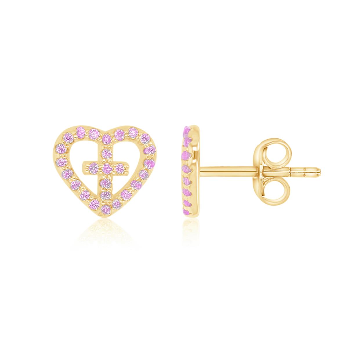 Sterling Silver Yellow 9X8MM Polished Pink CZ Heart & Cross Stud Earrings