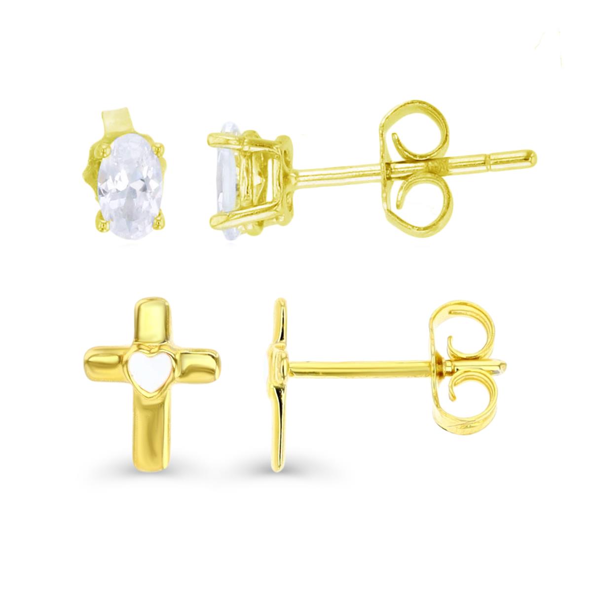Sterling Silver Yellow & White Enamel Cross and Heart & 3x5mm AAA Oval Solitaire Stud Earring Sets 